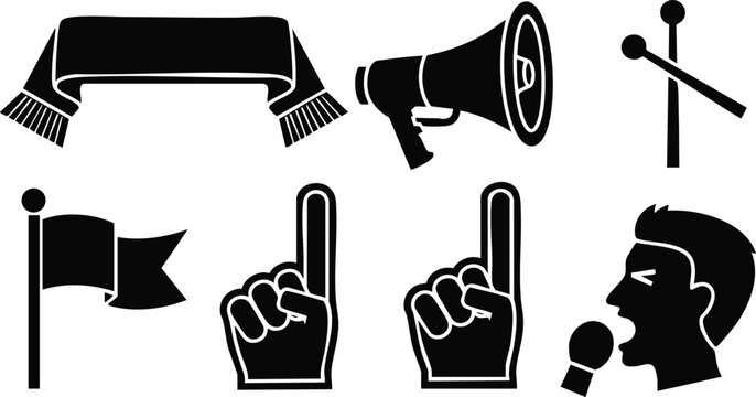 Flat vector sports fan icon set close up foam finger megaphone cheering fan profile waving flag drum sticks supporter scarf set bold silhouette monochrome