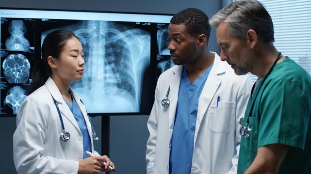 Doctors analyze x-ray findings during a meeting to discuss patient care