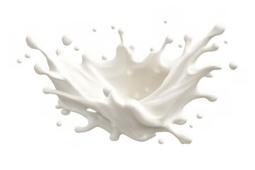 Milk splash creating abstract shape with drops on transparent background representing fresh dairy beverage concept