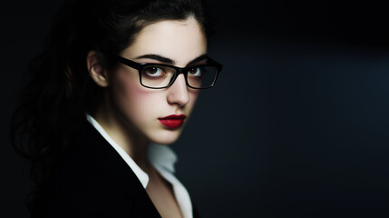 Confident woman in glasses looking at camera on dark background