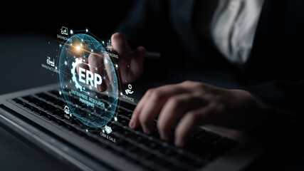 ERP platform visual showing centralized system for enterprise resource planning, improving integration, data flow, business efficiency, finance, inventory, and human resources. Spline