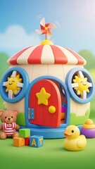 Obraz premium Colorful childrens playhouse with toys outside.
