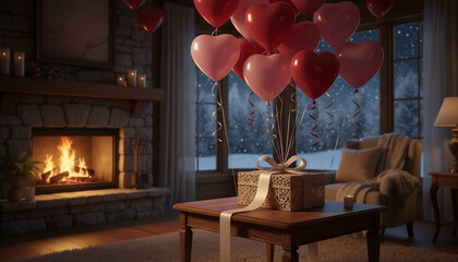 Cozy living room with a fireplace, heart balloons and a gift box, creating a warm and romantic Valentine&rsquo;s Day atmosphere for love and intimate celebration at home.