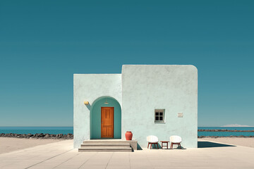 Minimal mediterranean seaside house with wooden door and copy space