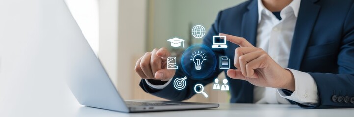 Online Education and E-Learning Concept. Interacts with virtual education icons on a digital interface, remote and online learning, digital training, webinars on the internet for personal development.