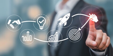 Seamless customer experience concept. Touching screen for providing personalized support throughout the customer journey from product discovery to purchase and engagement, featuring digital icons.