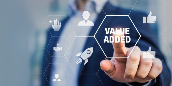 Value added concept. Touching on virtual screen to create values. Way to adding value to product and service. Improving products, excellent service, expert advice, consistently upgrade, deliver fast.