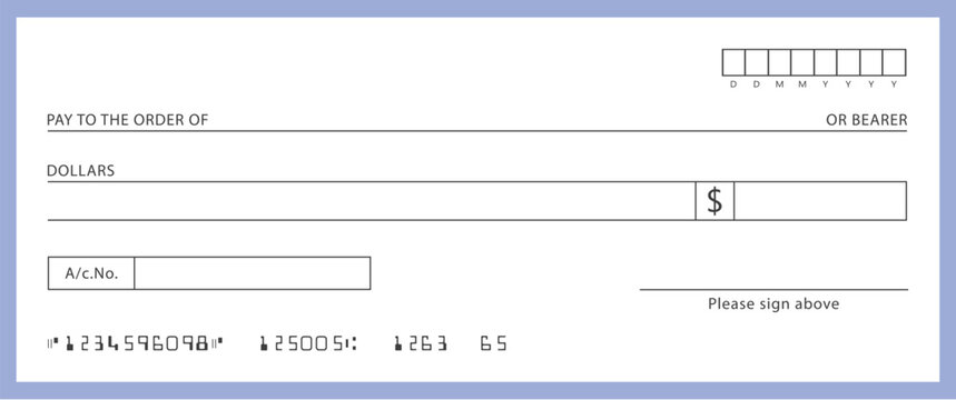 Blank bank check, checkbook cheque template or money payment paper voucher, vector mockup. Business or personal account cash pay cheque certificate or paycheck coupon from checkbook