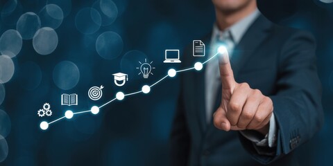 AI powered personalized E-Learning concept. Digital transformation of education through personalized E-Learning by AI and machine learning. Online education, skill development and graduation. 