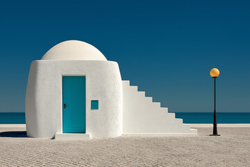 White mediterranean house with turquoise door by the sea