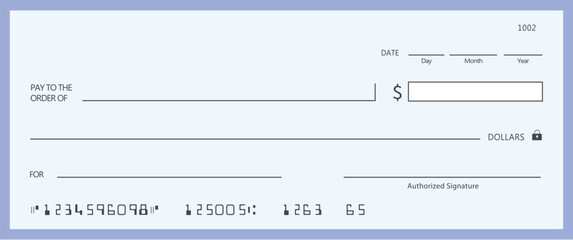 Blank bank check, checkbook cheque template or money payment paper voucher, vector mockup. Business or personal account cash pay cheque certificate or paycheck coupon from checkbook