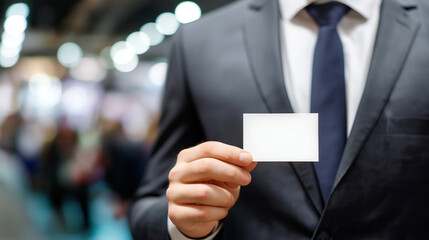 Businessman holding blank business card with copy space at business event