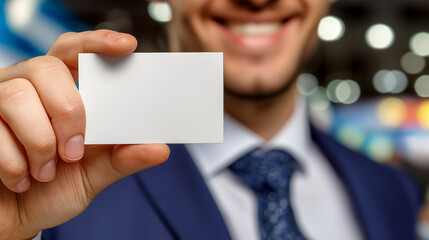 Smiling businessman holding blank business card in hand
