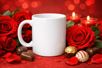 Blank white mug surrounded by red roses, gift box, and heart-shaped chocolates on a festive background, Valentine&rsquo;s Day mockup concept for love and romance.	