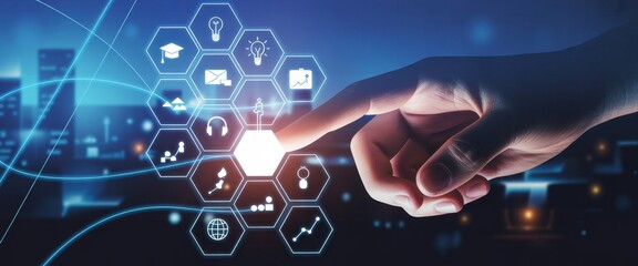 Digital network interface with glowing icons and human finger interaction in futuristic blue lighting for technology and innovation.