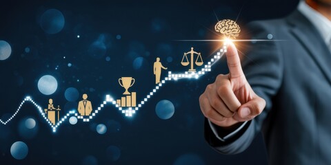Business growth chart with icons in dark blue digital lighting for financial success.