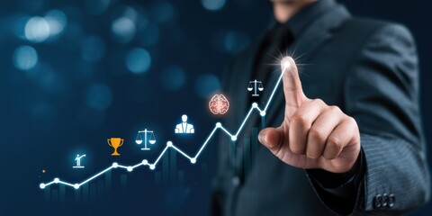 Wellness and longevity technology concept. Digital interface illustrates the path to wellness and longevity, personalized health, with icons; nutrition, exercise, sleep, mental balance and happiness