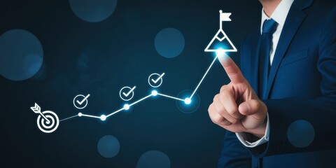 Business success roadmap concept. Points to a upward path marked by progress icons and check marks, representing strategic planning, goal tracking and successful project execution in a corporate.