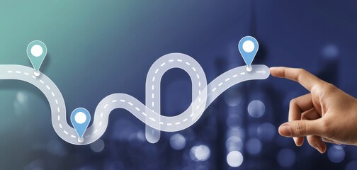 Business and Project Roadmap Concept. Touching on virtual screen with roadmap overlay representing steps in a project or strategic planning process. Waypoint icons and ends with goal achievement.