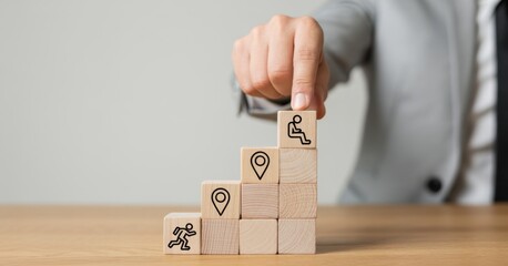 Career Path and Development Strategy Concept. Arranging wooden blocks with icons success roadmap and journey, symbolizing a structured career path and strategic development. Planning, growth, progress