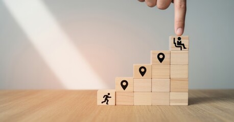 Career Path and Development Strategy Concept. Arranging wooden blocks with icons success roadmap and journey, symbolizing a structured career path and strategic development. Planning, growth, progress
