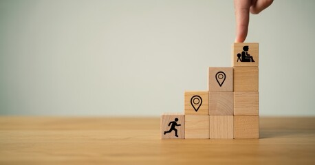 Career Path and Development Strategy Concept. Arranging wooden blocks with icons success roadmap and journey, symbolizing a structured career path and strategic development. Planning, growth, progress