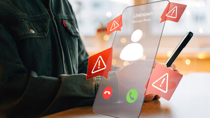 the concept of spam and phishing, a smartphone with icons for detected threats, fraud protection and digital security in cellular networks, incoming calls from unknown numbers