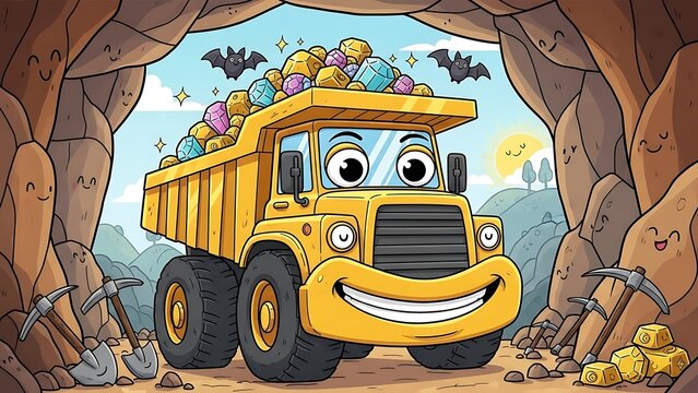 Smiling cartoon dump truck in mine.