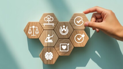 Holistic Wellness Concept.Wooden hexagonal blocks arranged on pastel green background with white icons; wellness and healthy living, including mental health, nutrition, exercise and community. 