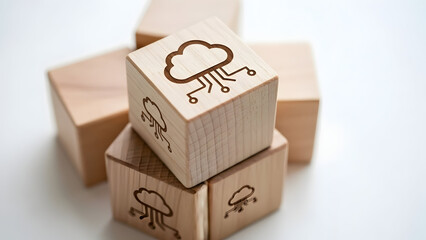 Wooden blocks stacked beneath a cloud icon engraving
