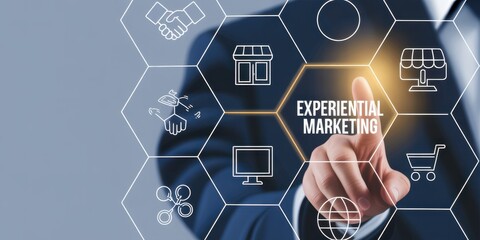 Experiential marketing strategy, customer engagement concept. Interfacing labeled Experiential Marketing surrounded by icons; customer engagement, retail interaction and interactive brand experiences.