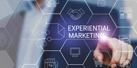 Experiential marketing strategy, customer engagement concept. Interfacing labeled Experiential Marketing surrounded by icons; customer engagement, retail interaction and interactive brand experiences.