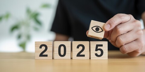 2025 performance review for continuous improvement.wooden blocks forming 2025, symbolizing reflection, evaluation and improvement. Strategic review, insight and planning for growth.