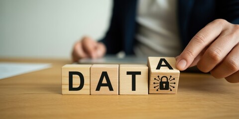 Data protection and digital security concept. Wooden blocks with text DATA and padlock icon. Data protection, privacy, cybersecurity, secure networks, encryption and safeguarding information.