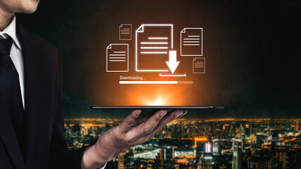 Visual representation of digital document downloading, showing file transfer, data access, and progress status for secure and efficient information retrieval Vouch
