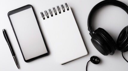 Mobile phone with empty screen and earphones on yellow surface. Wireless earphones, mobile phone on yellow background, top view. copy space White wireless bluetooth headphones and smartphone