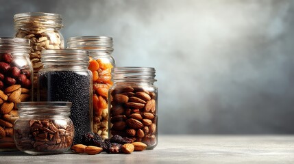 Various uncooked cereals, grains, beans and pasta for healthy cooking in glass jars on wooden table, white background, horizontal composition. Clean eating, vegan, balanced dieting food concept
