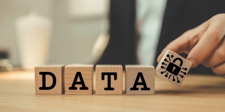 Data protection and digital security concept. Wooden blocks with text DATA and padlock icon. Data protection, privacy, cybersecurity, secure networks, encryption and safeguarding information. - Powered by Adobe