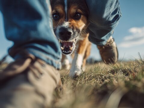 Aggressive dog running behind human leg
