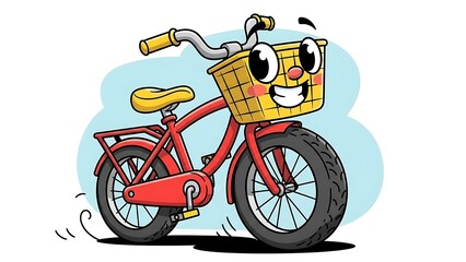 Smiling bicycle with basket cartoon character.
