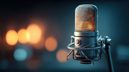 A silver vintage microphone in front of a blurred red brick wall with copy space