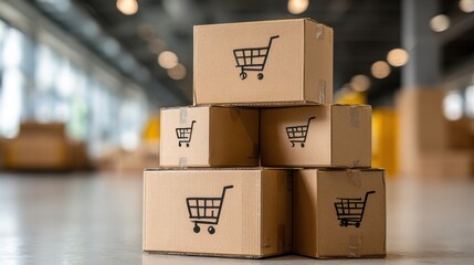 Packaging Boxes Stacked on Pallets Load with Shipping Cargo Container. Delivery Trucks Loading at Dock Warehouse. Supply Chain. Shipment Boxes. Distribution Warehouse Freight Truck Transport Logistics