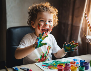 A delighted child, covered in multicolored paint marks on their face and hands, bursts into joyful laughter. The curly-haired little one radiates happiness while engaged in creative play