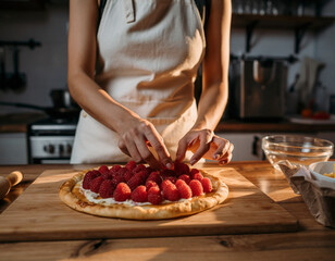 A pastry chef delicately places freshly picked berries onto homemade raspberry tart dough in a cozy, country-style kitchen.