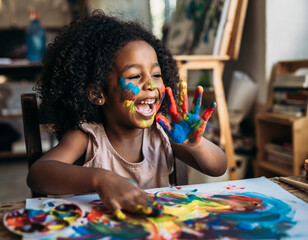 A delighted child, covered in multicolored paint marks on their face and hands, bursts into joyful laughter. The curly-haired little one radiates happiness while engaged in creative play