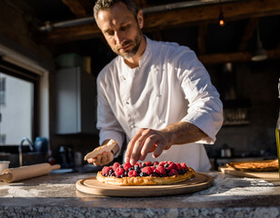 A pastry chef delicately places freshly picked berries onto homemade raspberry tart dough in a cozy, country-style kitchen.