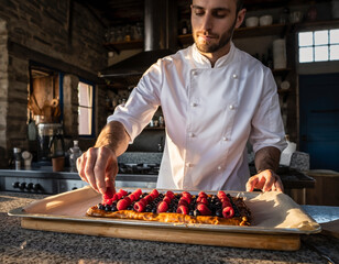 A pastry chef delicately places freshly picked berries onto homemade raspberry tart dough in a cozy, country-style kitchen.