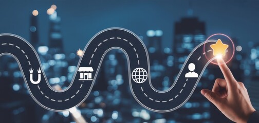 Experiential marketing strategy, customer engagement. Hand guides customer journey path, illustrating attraction, engagement, purchase, interaction and satisfaction across seamless digital touchpoints