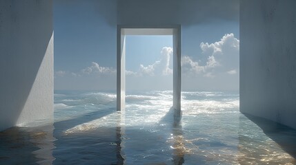 Coastal Abstract: Modern Concrete Structure Emerging from Turquoise Ocean Water, Reflective Surface, Serene and Minimalist Aesthetic.