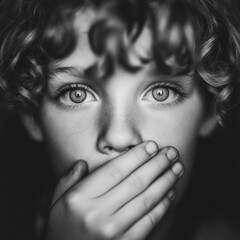 Black and white portrait of a young person with curly hair covering their mouth, conveying a sense of suppression or secrecy.